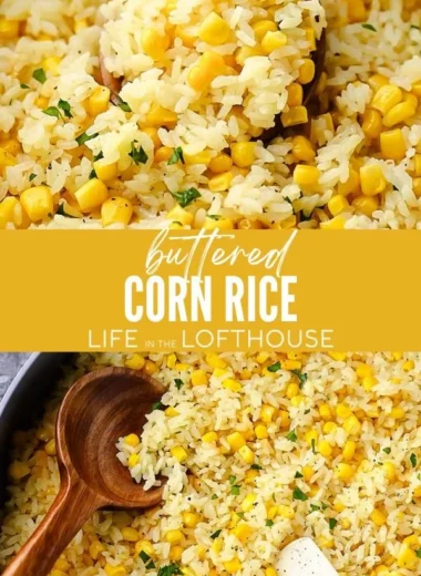 Delicious buttered corn rice served on a plate garnished with herbs.