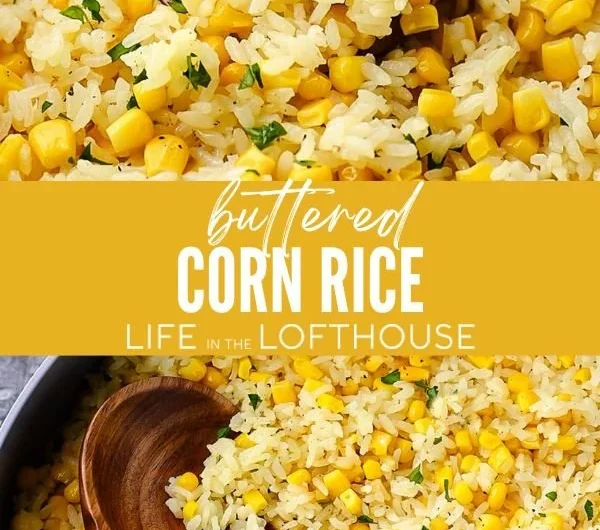 Delicious buttered corn rice served on a plate garnished with herbs.