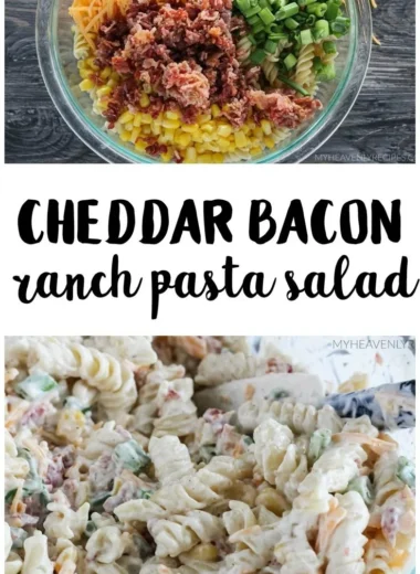 Cheddar Bacon Ranch Pasta Salad in a bowl with fresh ingredients.