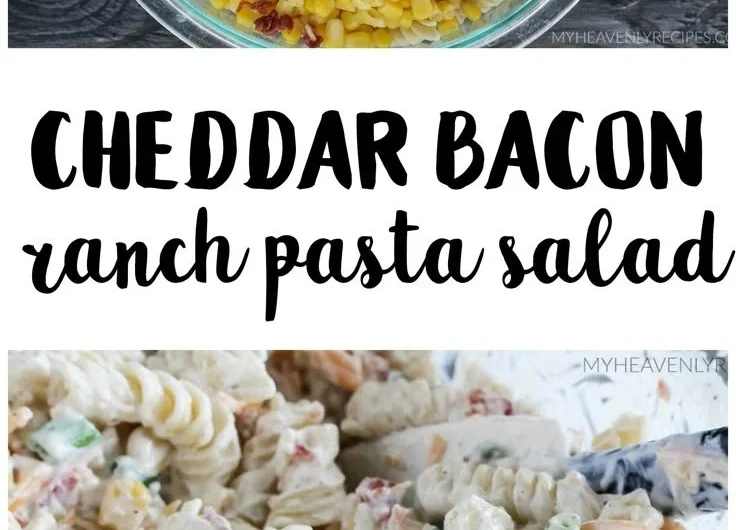 Cheddar Bacon Ranch Pasta Salad in a bowl with fresh ingredients.