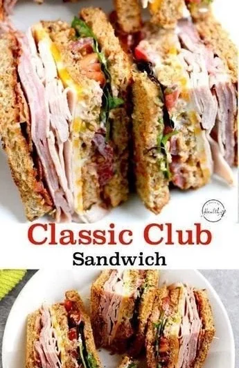 Delicious club sandwich layered with turkey, ham, and bacon, served on toasted bread.