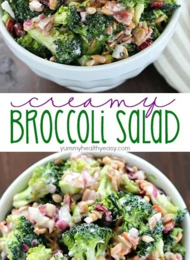 Creamy broccoli salad with fresh vegetables in a serving bowl