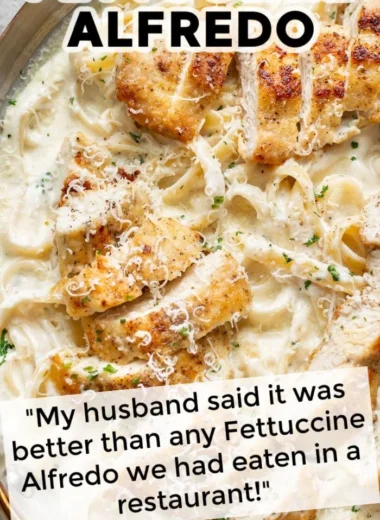 Creamy chicken fettuccine Alfredo dish garnished with parsley
