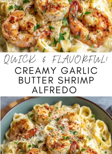Creamy garlic butter shrimp Alfredo dish with pasta and herbs.