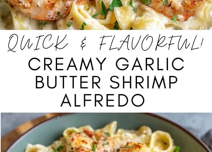 Creamy garlic butter shrimp Alfredo dish with pasta and herbs.
