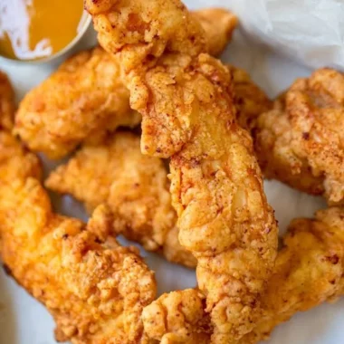 Crispy chicken tenders served with dipping sauce on a plate.