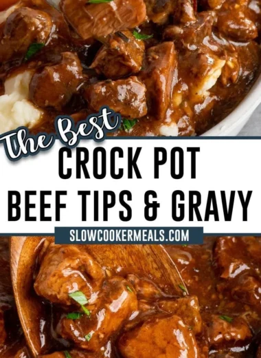 Delicious crock pot beef tips and gravy served in a bowl