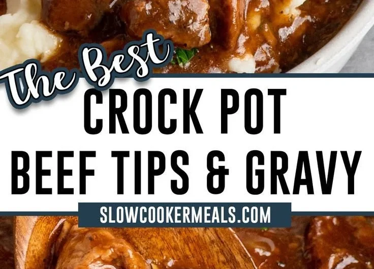 Delicious crock pot beef tips and gravy served in a bowl