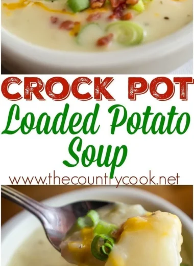 Crock Pot Loaded Baked Potato Soup garnished with cheese and green onions