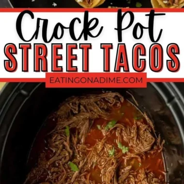 Delicious crock pot street tacos in a serving dish with toppings.