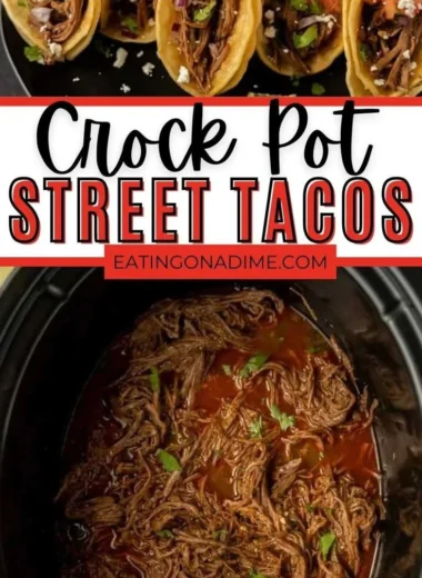 Delicious crock pot street tacos in a serving dish with toppings.