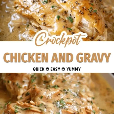 Delicious easy crockpot chicken served with creamy gravy in a bowl