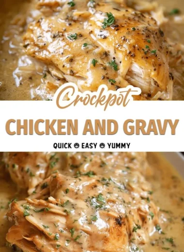 Delicious easy crockpot chicken served with creamy gravy in a bowl