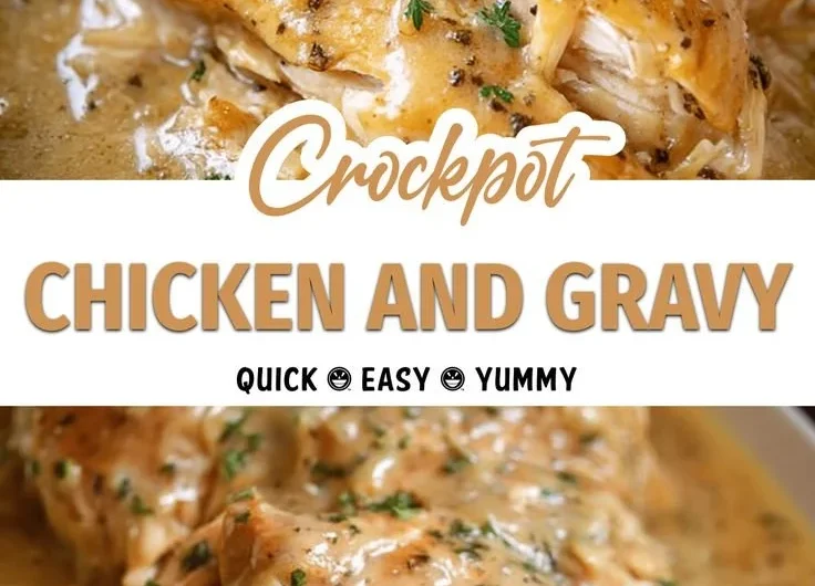 Delicious easy crockpot chicken served with creamy gravy in a bowl