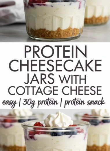 Easy protein cheesecake jars stacked in mason jars with fruit topping.