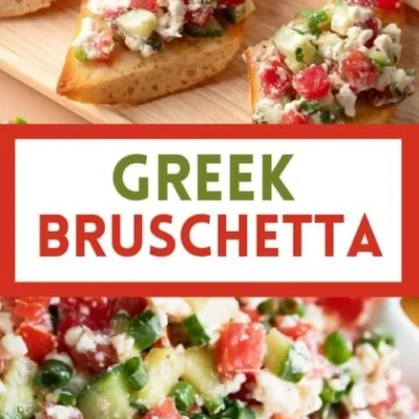 Delicious Greek Bruschetta topped with tomatoes, feta, and olives