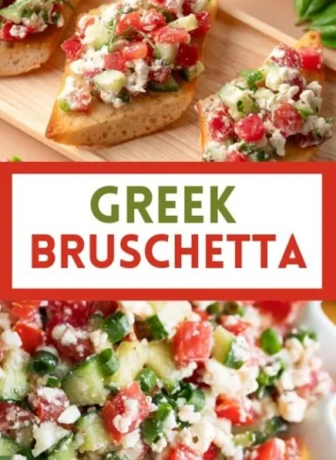 Delicious Greek Bruschetta topped with tomatoes, feta, and olives