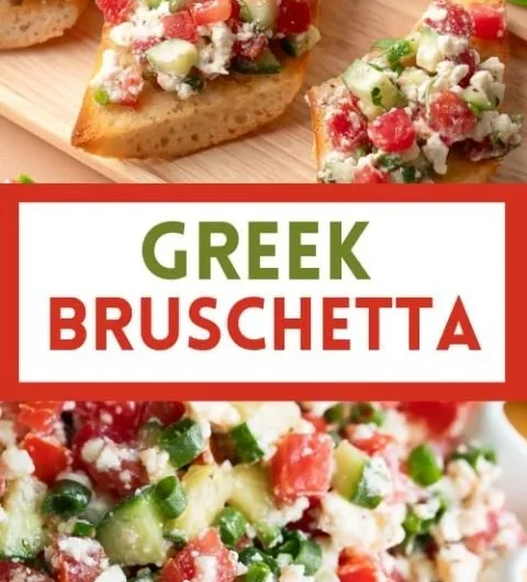 Delicious Greek Bruschetta topped with tomatoes, feta, and olives
