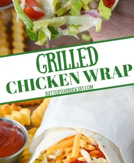 Delicious grilled chicken wrap with fresh veggies and sauce