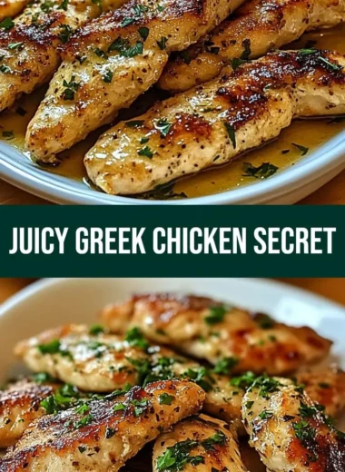 Juicy Greek chicken tenders garnished with herbs and served with a side of tzatziki