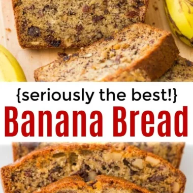 Loaf of moist banana nut bread on a wooden cutting board