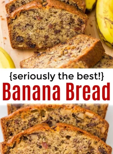 Loaf of moist banana nut bread on a wooden cutting board