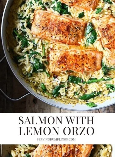 One skillet salmon served with lemon orzo in a vibrant dish