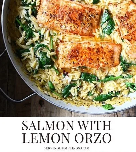 One skillet salmon served with lemon orzo in a vibrant dish