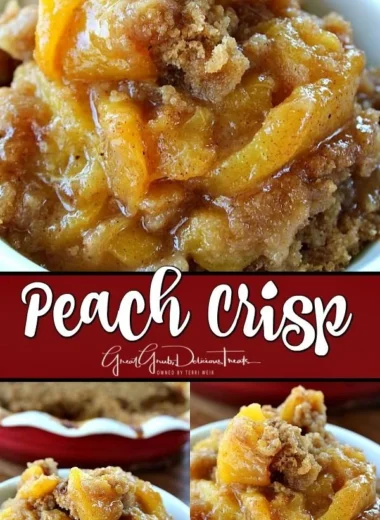 Delicious peach crisp dessert topped with crunchy oat topping