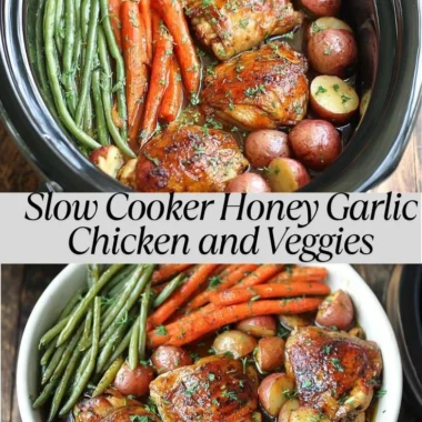 Slow Cooker Honey Garlic Chicken served with colorful vegetables on a plate