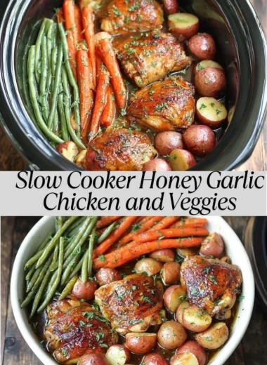 Slow Cooker Honey Garlic Chicken served with colorful vegetables on a plate