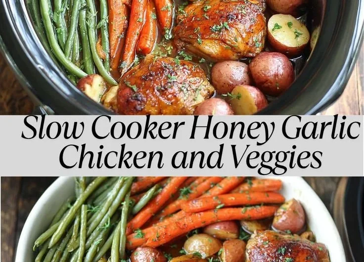 Slow Cooker Honey Garlic Chicken served with colorful vegetables on a plate