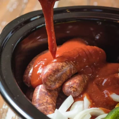 Slow Cooker Sausage with Peppers and Onions dish served warm