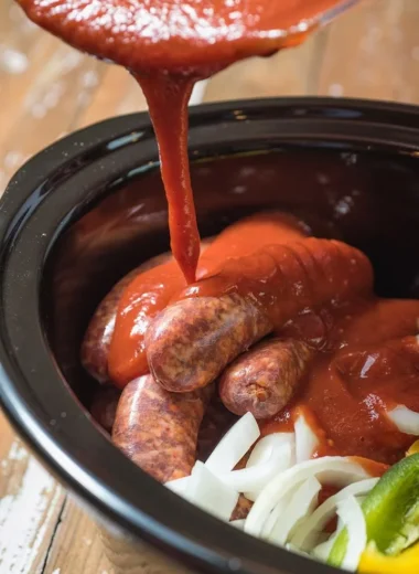 Slow Cooker Sausage with Peppers and Onions dish served warm