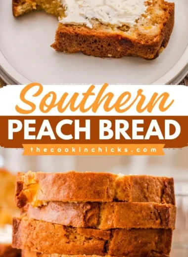 Delicious slice of Southern peach bread on a wooden table with fresh peaches.