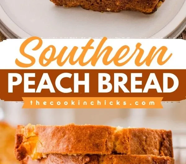 Delicious slice of Southern peach bread on a wooden table with fresh peaches.