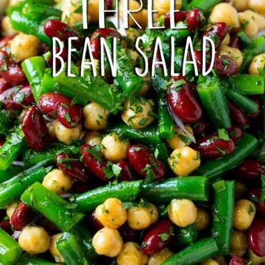 Vibrant three bean salad featuring kidney beans, green beans, and chickpeas.