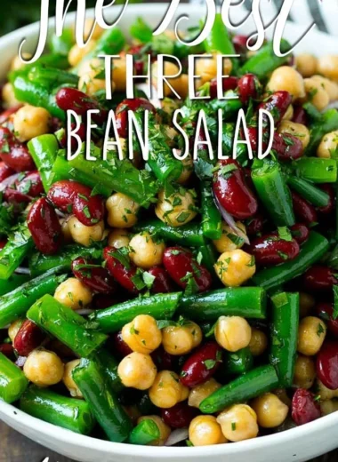 Vibrant three bean salad featuring kidney beans, green beans, and chickpeas.