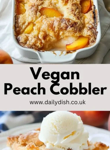 Vegan peach cobbler topped with fresh peaches and a golden crust