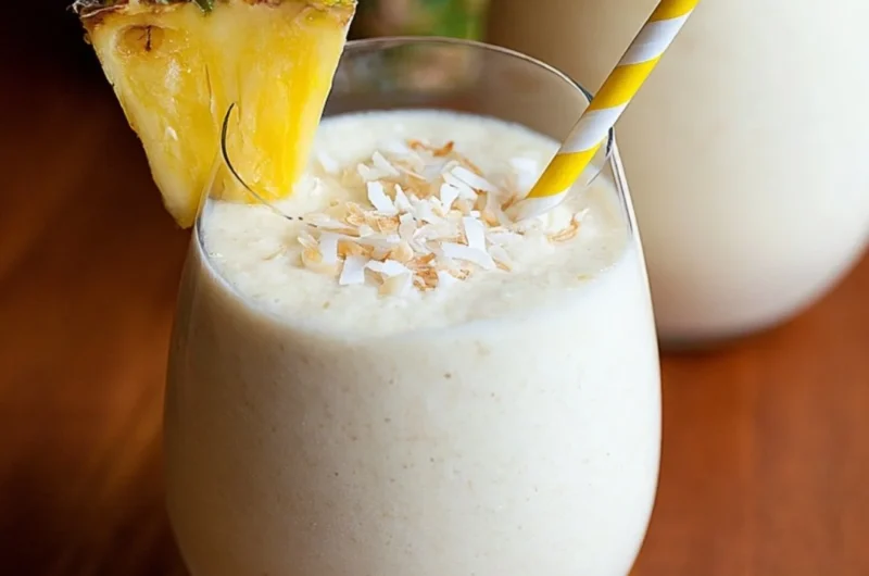 Easy 3 ingredient Piña Colada Smoothie in a glass with pineapple and coconut.