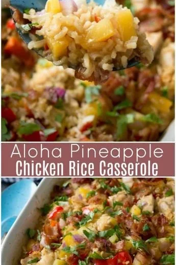 Aloha Pineapple Chicken Rice Casserole with pineapple and chicken in a baking dish