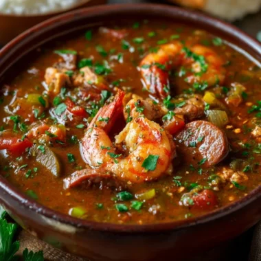 A bowl of authentic Cajun gumbo with shrimp, sausage, and vegetables.