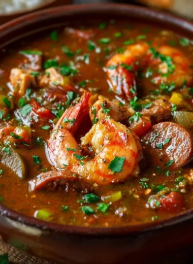 A bowl of authentic Cajun gumbo with shrimp, sausage, and vegetables.