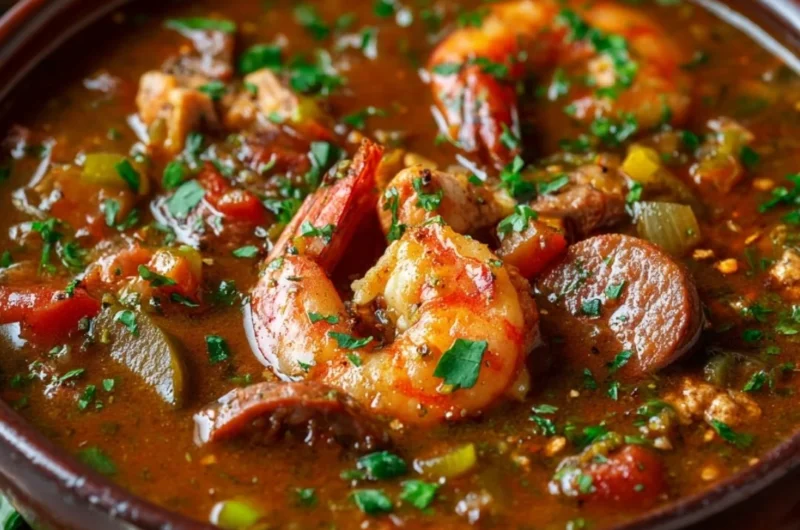 A bowl of authentic Cajun gumbo with shrimp, sausage, and vegetables.
