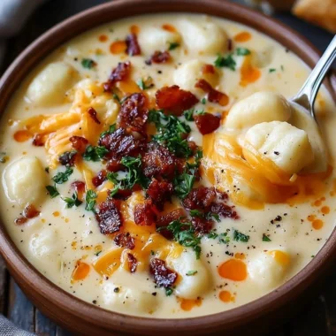 Bacon cheddar gnocchi soup in a bowl garnished with herbs