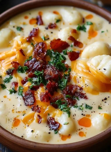 Bacon cheddar gnocchi soup in a bowl garnished with herbs