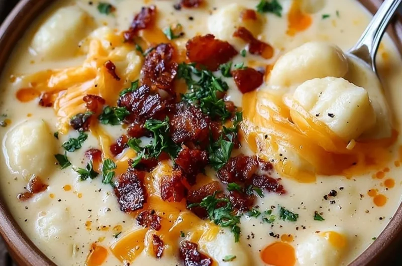 Bacon cheddar gnocchi soup in a bowl garnished with herbs