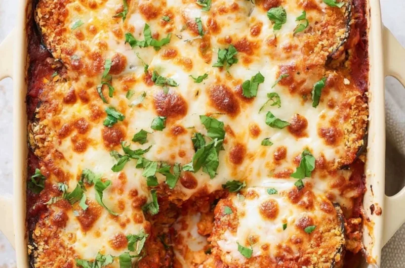 Deliciously baked eggplant parmesan with melted cheese and rich tomato sauce