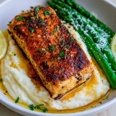 Baked lemon garlic butter salmon on a plate, garnished with fresh herbs.
