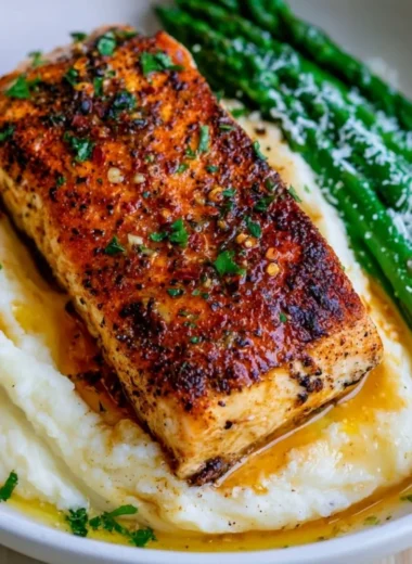 Baked lemon garlic butter salmon on a plate, garnished with fresh herbs.